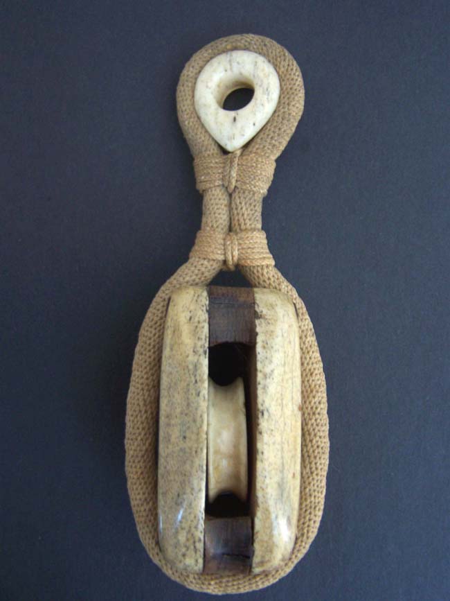 A Beautiful 19th century ANTIQUE Whalebone Ship's Block with Whalebone Grommet and Outstanding Ropework binding — image 2